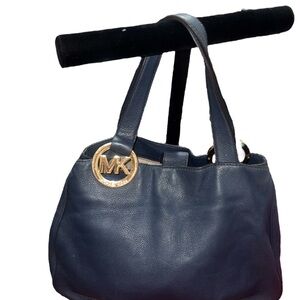 Michael Kors Fulton Navy Blue Pebbled Leather Shoulder Bag Gold MK Logo